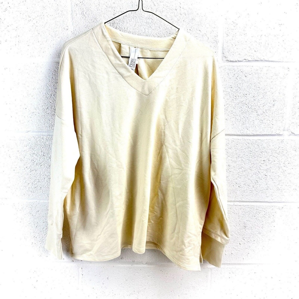Marla Wynne Lounge Cream Long Sleeve V-Neck Pullover Sweatshirt Sz S
